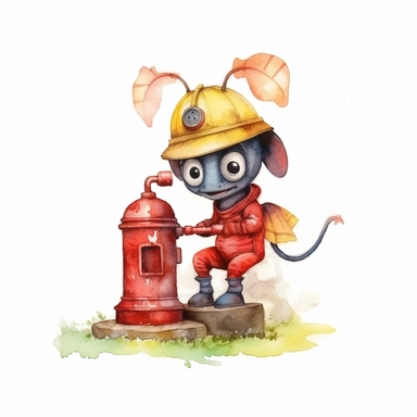 Craft a dedicated watercolor clipart image with a white background, featuring a hardworking cute cartoon ant firefighter with a fire hydrant