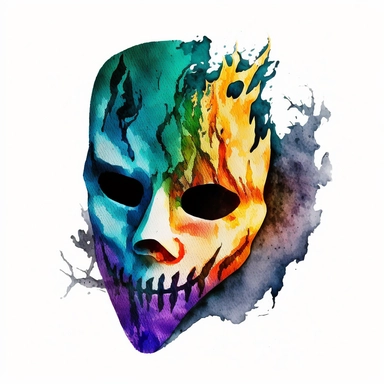 scary halloween mask watercolour tempera clipart illustration, vivid dark colours, clean, crisp, smooth, white background