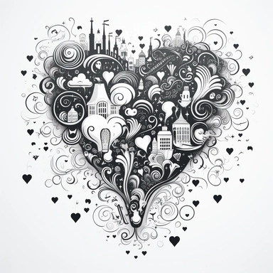 shirt graphic, Imagine a world where gratitude fills our hearts, radiating positivity and contentment black and white drawing, .dreamy, fireworks of hearts and scrolls and scrolls, CONTOUR, VECTOR IMAGE, FLAT , simple, sharp, detailed, clipart , on a white background--no mockup