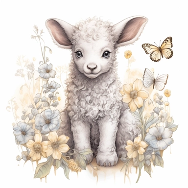 cute but realistic color pencil sketch clipart. baby lambs , sitting in the flowers, butterflies around