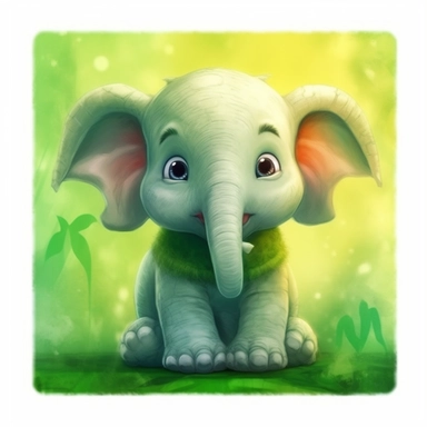 Clear image behind and in front a fantasy cartoon baby elephant green ligth selfie colorful and soft light tones cartoon clipart pastel colors and strong light degraded colors with fantasy top to bottom degraded lights with green and light yellow tones baby elephant 5000 x 5000 and the environment with a lot of intense light very creative and artistic quite a lot of light everywhere, artistic light in front of the elephant 20k fine pix