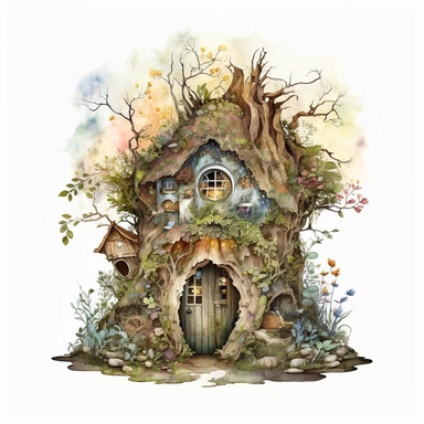 watercolor perfect detailed complicated fairy house clipart with white background realistic colors, white background