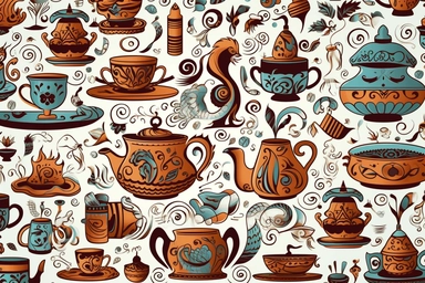 Design a vector clipart pattern with a fantasy coffee set theme, showcasing a seamless pattern of coffee cups, sugar bowls, creamers, and mythical creatures, surrounded by floral elements and intricate details, in an elegant and enchanting art style, viewed from a centered perspective, with a balanced composition, on a clean white backdrop