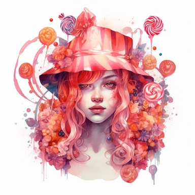 A beautiful clipart image of a charismatic candy-witch is depicted on a white background. She has a beautiful kind and intriguing facial expression. The witch is surrounded by lolipops, candies and flowers. The image has a playful, and magical atmosphere with a palette of bright red pink and white watercolors. in the style of Aleksi Briclot. The candy-witch is places in the center of the image.