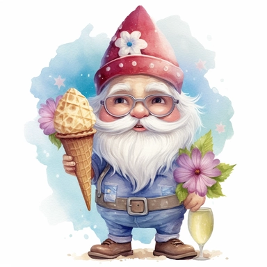 gnome summer smile and cute big eyes wear big glasses full body , eat ice cream summer , cute funny laugh detailed digital art, whimsical and cute, cute detailed artwork, glimmering, adorable and whimsical, whimsical art, watercolor Clipart style