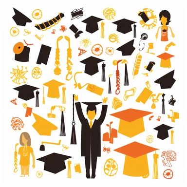 Design a clipart set that depicts graduation elements such as graduates in their caps and gowns, graduation scrolls, diplomas, graduation caps, and other academic items. Add images of people celebrating, such as confetti, balloons, and a graduation ceremony. Consider different variations of the clipart, such as graduates throwing their caps in the air or graduates taking photos with family members.