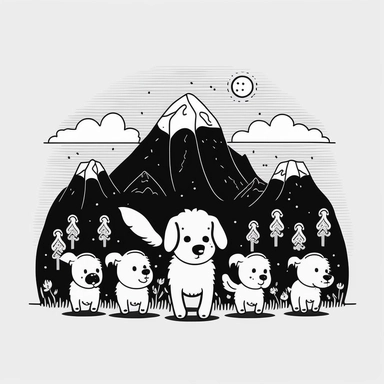 group of dogs hiking together in the mountains. cute, clipart, flat 2d vector, minimalist, black and white, kids cartoon, svg cut file, line art drawing