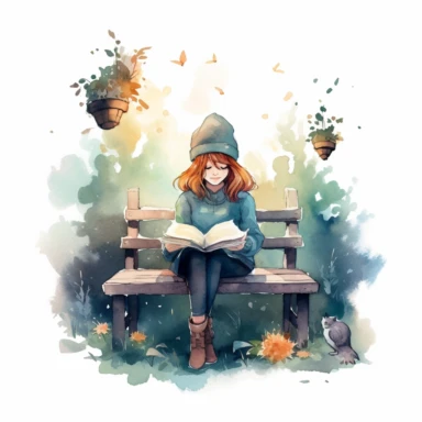 Create One clipart inspired by woman sitting on bench reading book: The clipart exudes a cozy ambiance, with a sense of warmth and tranquility. It invites viewers to imagine themselves wandering through this magical nature, discovering its secrets and encountering fantastical creatures.cozzy watercolor style. in 4K. so it can be used in fantasy books. beautifull coloring