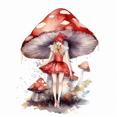 elusive toadstool fairy with red and white dress clipart on white background in watercolor style