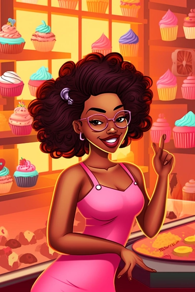 gorgeous sweet black woman, clipart, cartoon illustration, cupcake prodigy, christa mckenzie pose and head pose photos a new cupcake business website, in the style of vibrant bakery backdrops, synthetism-inspired, pop cultural, 32k uhd, smilecore, embroidery art, bold curves