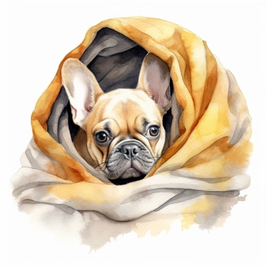 french bulldog puppy hiding under a blanket, watercolor illustration, clipart, full body, hyper-realistic animal illustration, childlike, free brushwork, white background
