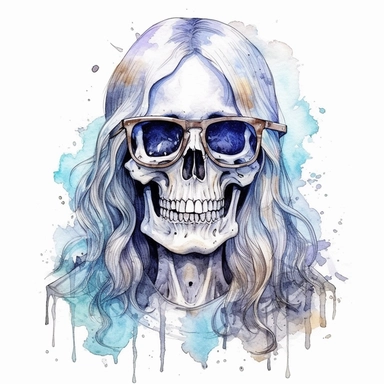 skeleton, with long hair, wearing glasses, gothic, watercolor, clipart elements, smooth gradients, black contour outline, ultra detailed, white background, super clear, high quality