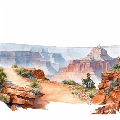 vast panoramic view, full view, illustration clipart, soft watercolor, beautiful grand canyon landscape with trail, sharp focus, high detail, romantic, fantasy, ethereal, transparent background