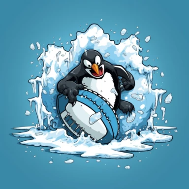 STYLE: clipart | EMOTION: funny| SCENE: penguin rugby on pack ice | TAGS: rugby ball | BACKGROUNG: iceberg | COLORS: black, ice blue