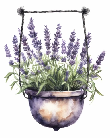 detailed watercolor lavender plants in a hanging planter, mystical design, singlular clipart element on a white background,