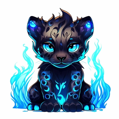 a cute and whimsical glowing tribal leopard with blue lights on his eyes, tribal animals, in the style of bold black outlines, manhwa character design, master of shadows, burned/charred, himalayan art, dark black and light azure, 2d game art, quadratura, clipart, on white blackground