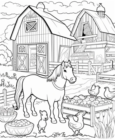 Create a coloring page showcasing various farm animals interacting in a farmyard. Include cows, chickens, pigs, horses, and ducks, along with a farmer or a farmer's child feeding them coloring page with Farming background design as an outline art drawing with thick bold clear lines that are neatly joined up together, outline, clipart, no colors, no shadows, no details, HD