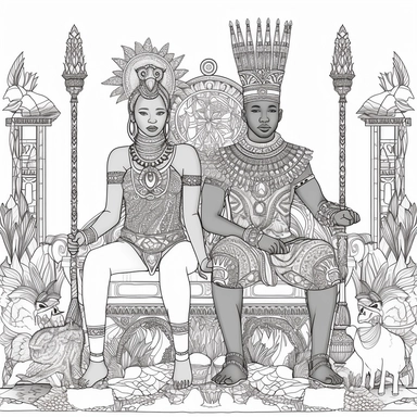 an african male and female couple earth and sky diety teaching to an audience of humans sitting down, coloring page for adults, no color, crisp lines, coloring pages for adults, think lines, clipart, vector, full body, no shading, full body, realistic, 8k