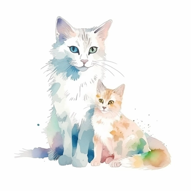 adult female cat with baby cat, clipart, bright colors, isolated white background
