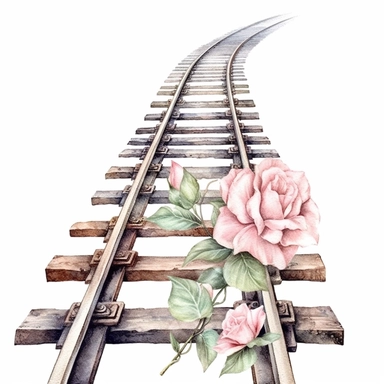 hand drawn , watercolor, hyper realistic, white background, white margins, 16k, ultra detailed clipart, cut out image, hand-drawn, ultra HD, sharp and clean art a vintage train tracks with delicate floral , capturing the romantic and feminine aesthetics often associated with vintage fashion and travel. light pink pastel