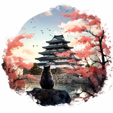 cherry blossoms laden on Osaka Castle Bottom, Siamese Cat wearing a Japanese kimono, sunset. Clipart Watercolor