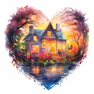 painting of a heart with a summertime cottage inside of it, in the style of enchanting realms, nature-inspired installations, bloomcore, mesmerizing colorscapes, skillful, fluid and organic, cottagecore, clipart, blank white background