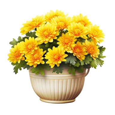 yellow Chrysanthemum, vibrant yellow, in a colorful pot, clipart, high quality, white background