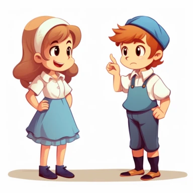 girl and boy 10 years old chatting, dressed in children's clothes girl thinking, the boy says something emotionally and holds his hands up, simplified vector graphics on white background clipart simple graphics without outline