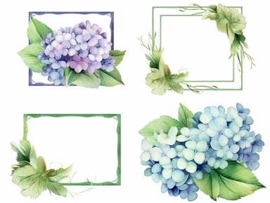 Decorative floral clipart in four corners of rectangular frame, green and hydrangea watercolour, light purple and light blue, minimalist set, Konica Big Mini