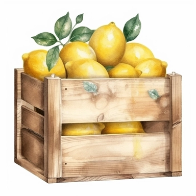 Hand drawn watercolor wooden crate with lemons, realistic and detailed, clipart on white background