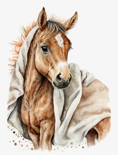 baby horse in a blanket, watercolor clipart, transparent background,