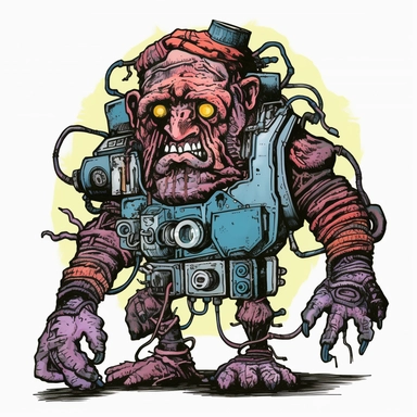 huge powerful machine troll zombie, dark electric aura, Basil Wolverton Josh Kirby Dave Gibbons, handpainted enamel punk zine indie retrowave, clipart illustration, solid white background