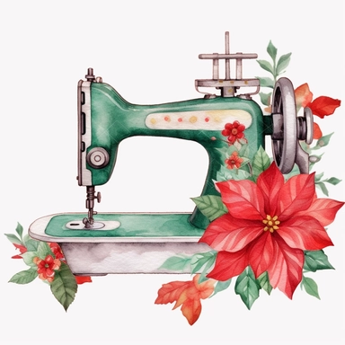 a watercolor sewing machine design of christmas , Poinsettia flower,in the style plaid green and red color, christmas themed,Cath Kidston, Emma Bridgwater, rose patterns, stripes. Embellishments like glitter, sparkles, polka dots, Watercolor clipart, single design, single object,print on demand image, PNG transparent background, white background for removing background - - no text shadow font watermark, 8k
