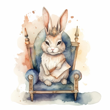 A watercolor clipart of a crowned bunny sitting on a throne, with a scepter in its hand