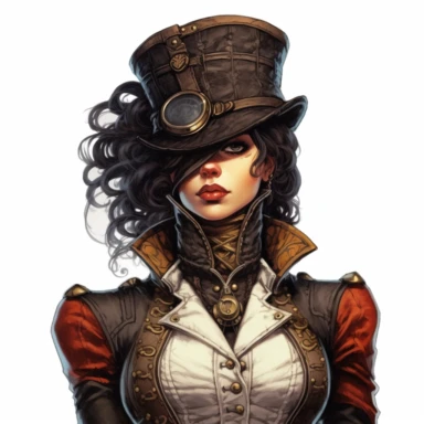 Solid white background. Waist-up illustration of a determined steampunk woman, her intense gaze and resolute smile reflecting her strong determination. Her alabaster skin and ebony black hair beautifully contrast her ensemble in shades of bronze and iron, a testament to Victorian elegance and steampunk aesthetics. Instead of a hat, she wears a sleek headband adorned with industrial motifs. The background lacks any steampunk elements. Pastel clipart, hyper-realistic, retro-futurism, solid white b