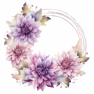 a circle floral frames made with Soft Purple and Pastel Purple Dahlia flowers, wet on dry watercolour style, antique look, clipart, white background