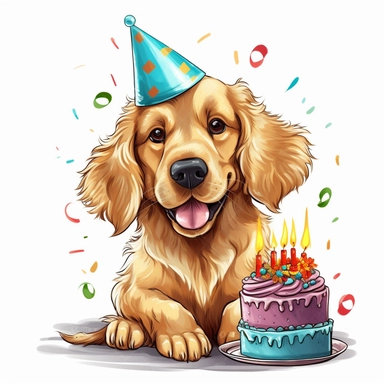 A clipart of a festive Golden Retriever with a birthday hat and a piece of cake, celebrating its birthday, designed on a white background.