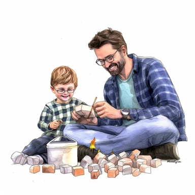 A father and son camping, sitting around a campfire and roasting marshmallows, Watercolor, Clipart, detailed, high resolution, transparent background PNG