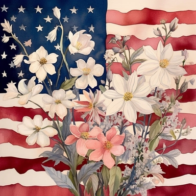 American flag with spring flowers. USA independence day. 4th of July, The illustration should be in the style of dreamy watercolor florals, inspired by the works of artists like Vytautas Kairiukstis, Villagecore, Kathrin Longhurst, and Christian Schloe. The color palette should predominantly feature white and pink, with a touch of flower power. The aspect ratio of the illustration should be 3:2. Be sure to include vintage truck clipart in your design, and dont forget white background, NO BACKGRO