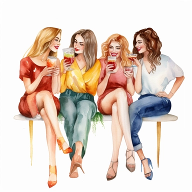 clipart,watercolor, 4 girlfriends sitting, holding cocktails, all smiling, white background