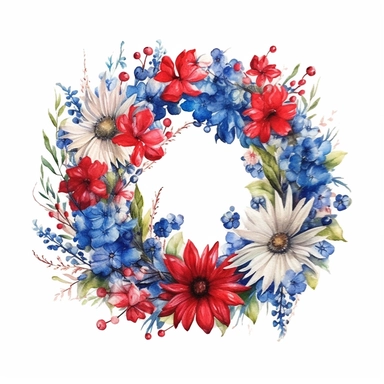 wreathe of flowers, in the style of fourth of july realistic and hyper-detailed watercolor painting, sketchfab, ahmed morsi, realistic watercolor paintings, use of common materials, handcrafted designs clipart red white and blue with white background
