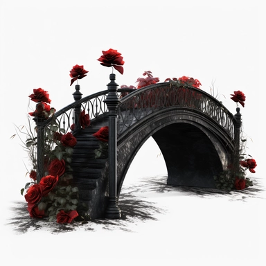 black Gothic Bridge Dark Fantasy Garden with red rose Clipart, white isolated background, space out, hd, 8k, realistic