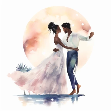 Slim Afro-Caribbean bride and athletic Chinese groom, dancing under the moonlight, elegant and enchanting, watercolor, Pixar style, Clipart on a white background.