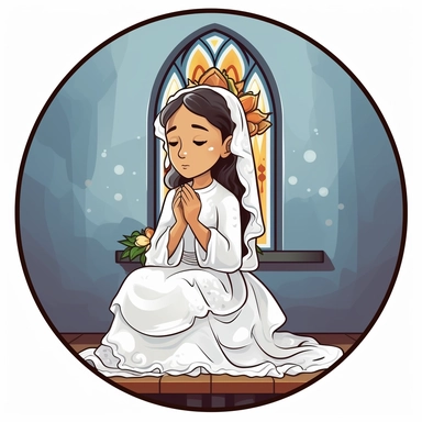 young filipina girl wearing a first communion veil and kneeling in the front pew of a catholic church. cartoon art. vector. high contrast. clip art. icon. sticker. white background. watercolor