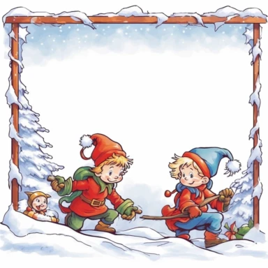 Santa's elves playing in a snowbank as a partial page border, clipart with a white background, minimalist background, clearly defined separate image, high quality--ar3:4-no mockups, watermarks, numbers, writing, letters--q2--v5.1--s1000