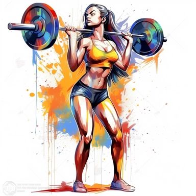 Detailed illustration of a beautiful young bodybuilding woman lifting barbell, long hair, showing abs, wearing shorts, full body, lean and muscular, clipart, colorful hand drawing, on a white background, unframed
