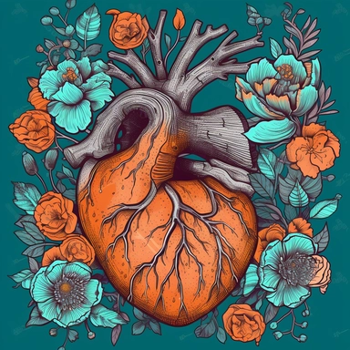 Gothic anatomical Orange (#FF9D00) Heart Clipart with flowers, Anatomical Valentine digital-illustration. No Roots, no vines, no leaves. Flowers and the anatomical heart only. Aqua (#00FF9D) veins Purple (#9D00FF) flowers. Bold, vibrant, Triadic colors. Digital illustration look and feel The image should have a high-detail appearance with texture. The composition should be well-balanced, that evokes the charm of digital-illustration. Blend realism with a touch of stylization, giving digital illu