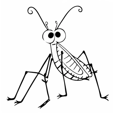 [Theme: bug] grasshopper, simple clipart, coloring book for kids, minimalist cartoon vector line art, thick solid black lines, black and white, isolated on white background