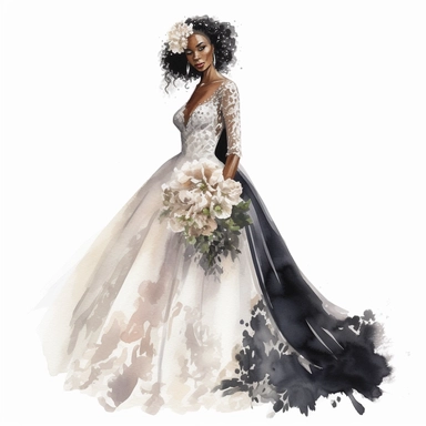 Watercolour of a black bride full body , Clipart,Cartoon,hyper realistic, intricate detail, illustration style,high resolution, isolated on a white background