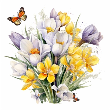 watercolor, spring flower, clipart, leaves, floral, dafodil, tulip, crocus, primrose, clipart, highly detailed, white backround, singular designs, bouquet, bees